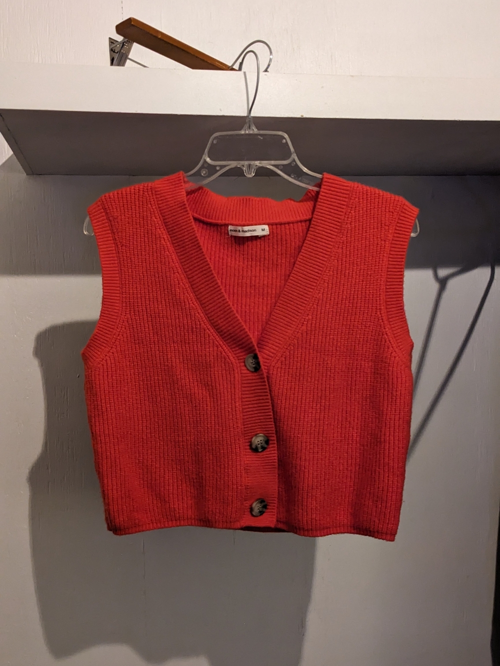 Burnt Orange Rust Red Ribbed Button Cropped Knit Vest Fall Cozy - Picture 2 of 8